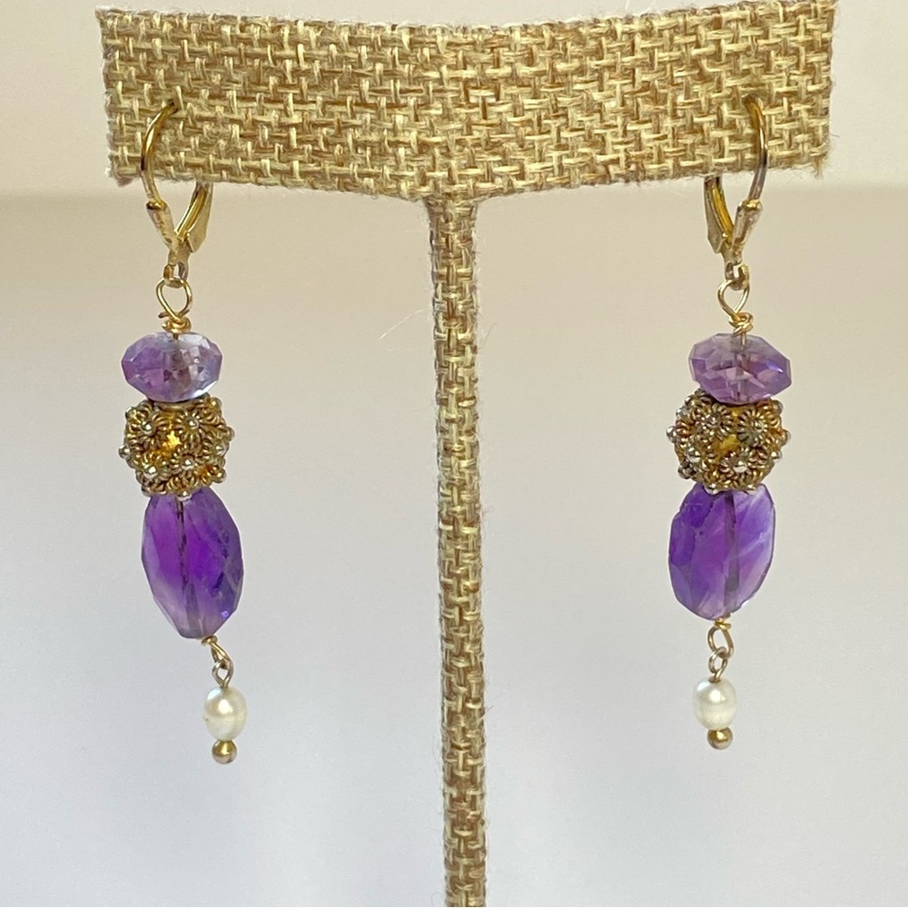 Purple Amethyst Pearl Earrings Artisan Faceted Stone 925 Silver Dangle
